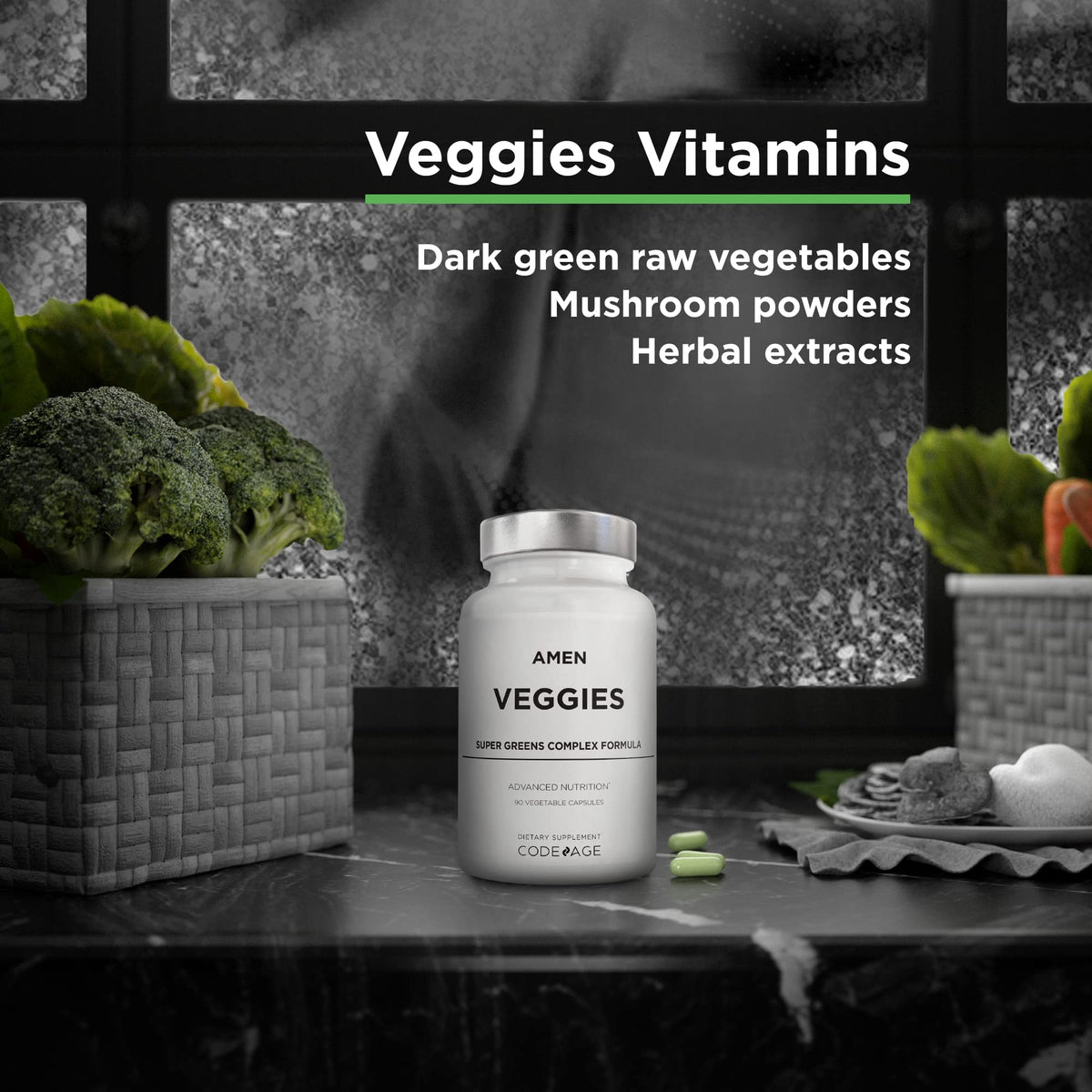 Amen Veggies, Daily Veggies Vitamins Supplement, Vegetables Vegan Blend & Whole-Food Raw Greens Multivitamin Capsules, Mushroom Complex, Superfood, Minerals, Green Vegetable Nutrients, Non-GMO, 90 ct AmenBuy Supplements Australia