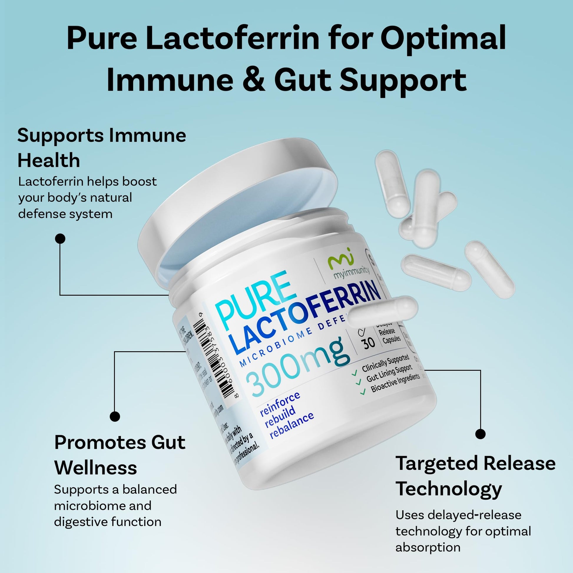 Lactoferrin 300mg Delayed Release Capsules - MyImmunity Premium Immune Support Supplement with Iron Absorption - Freeze Dried, Non-GMO, Gluten Free, Vegetarian - 30 Count (1 Month Supply) MyImmunity buy supplements Au