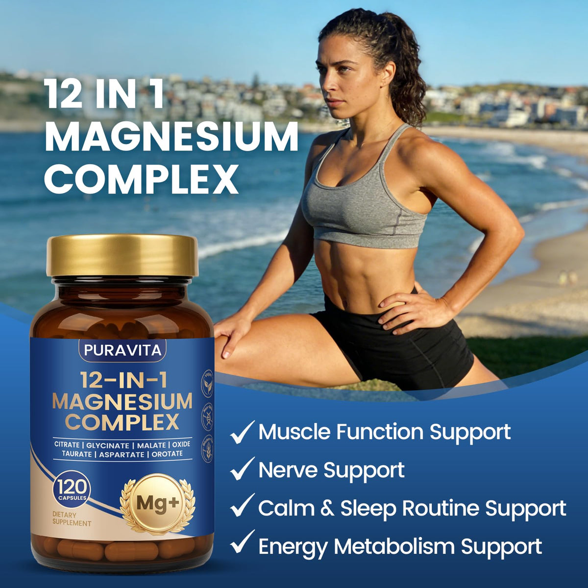 Puravita Magnesium Complex - Puravita 12 in 1 Magnesium Supplement with Glycinate, Citrate, Malate, Oxide, Taurat & More for Muscle, Nerve & Sleep Support, 120 Count PURAVITA buy supplements Au