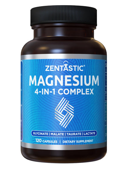 Zentastic Magnesium Complex 4-in-1 Supplement – Magnesium Glycinate, Malate, Taurate & Lactate – Chelated High Absorption for Nerves,