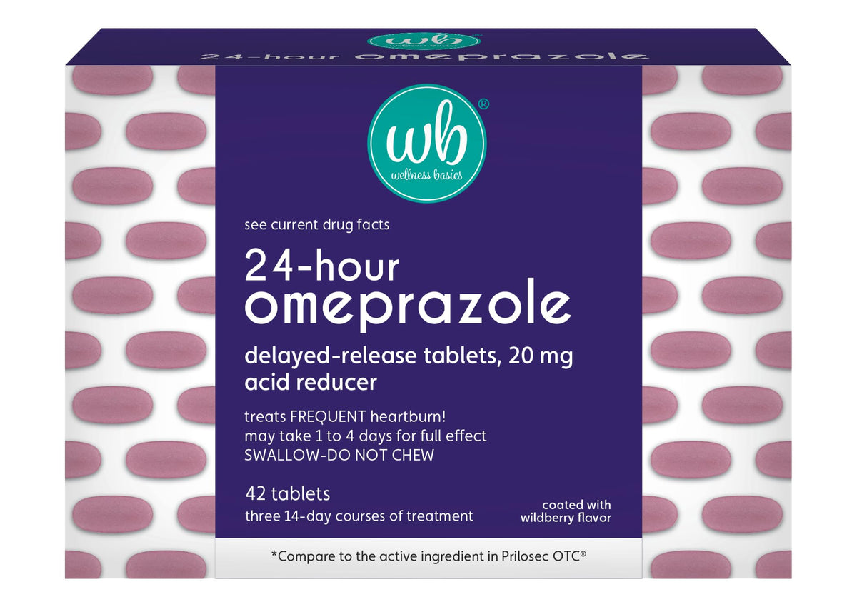 Wellness Basics Omeprazole 20mg Delayed Release | Acid Reducer | 42 Count | Tablet | Treats Frequent Heartburn (Wildberry)