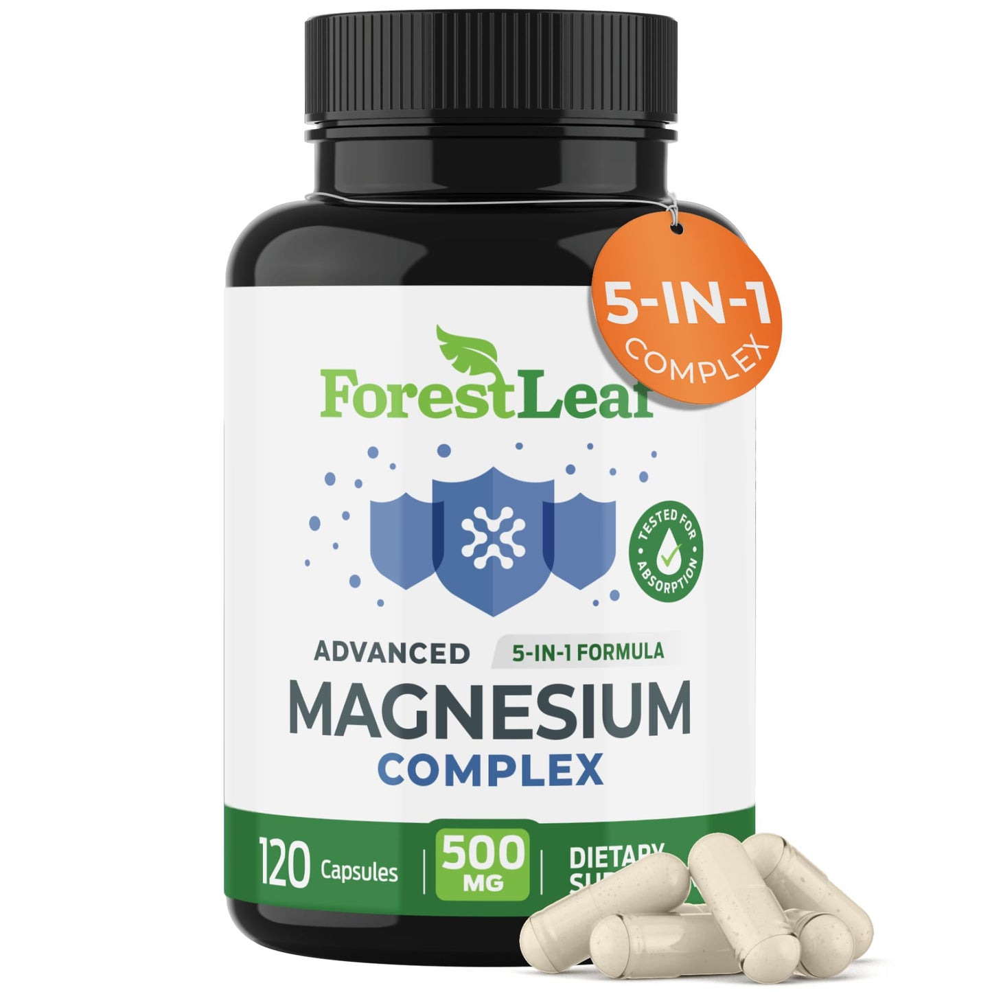 Forest Leaf magnesium supplement bottle with capsules on a white background