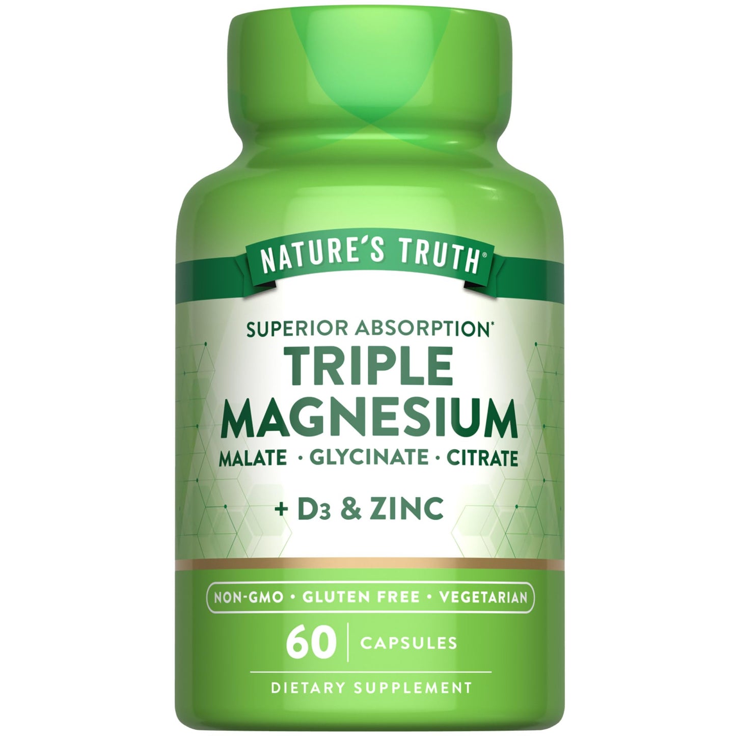 Green supplement bottle labeled 'Nature's Truth Triple Magnesium' on a white background