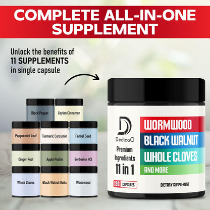 DEDICAD Wormwood Supplement - 120 Capsules Extracted from Black Walnut, Cloves, Turmeric, Apple, Berberine HCl & More - 11 Ingredients Combined for Immune System - 2-Month Supply DEDICAD buy supplements Au