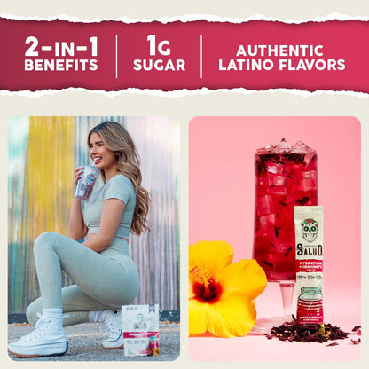 Salud 2-Pack | 2-in-1 Calm + Sleep (Punch) & Hydration + Immunity (Hibiscus) 15 Servings Each, Drink Mix, Dairy & Soy Free, Non-GMO, Gluten Free, Vegan, Low Calorie, 1g of Sugar