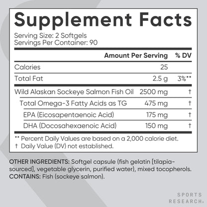Sports Research® Salmon Oil - Single-Source Wild Alaskan Sockeye | 2500 mg per Serving w/EPA & DHA Fatty Acids | MSC Certified - 180 Count Softgels Sports Research buy supplements Au