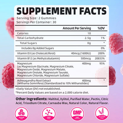 Pack of 2 Magnesium Complex Gummies 400mg, Magnesium Glycinate, Malate, Citrate, Taurate, Oxide & More | w/Ashwagandha Extract, D3 & B12 for Calm, Zzz, Relaxation, Raspberry Flavor, 120 Count YUULAI buy supplements Au
