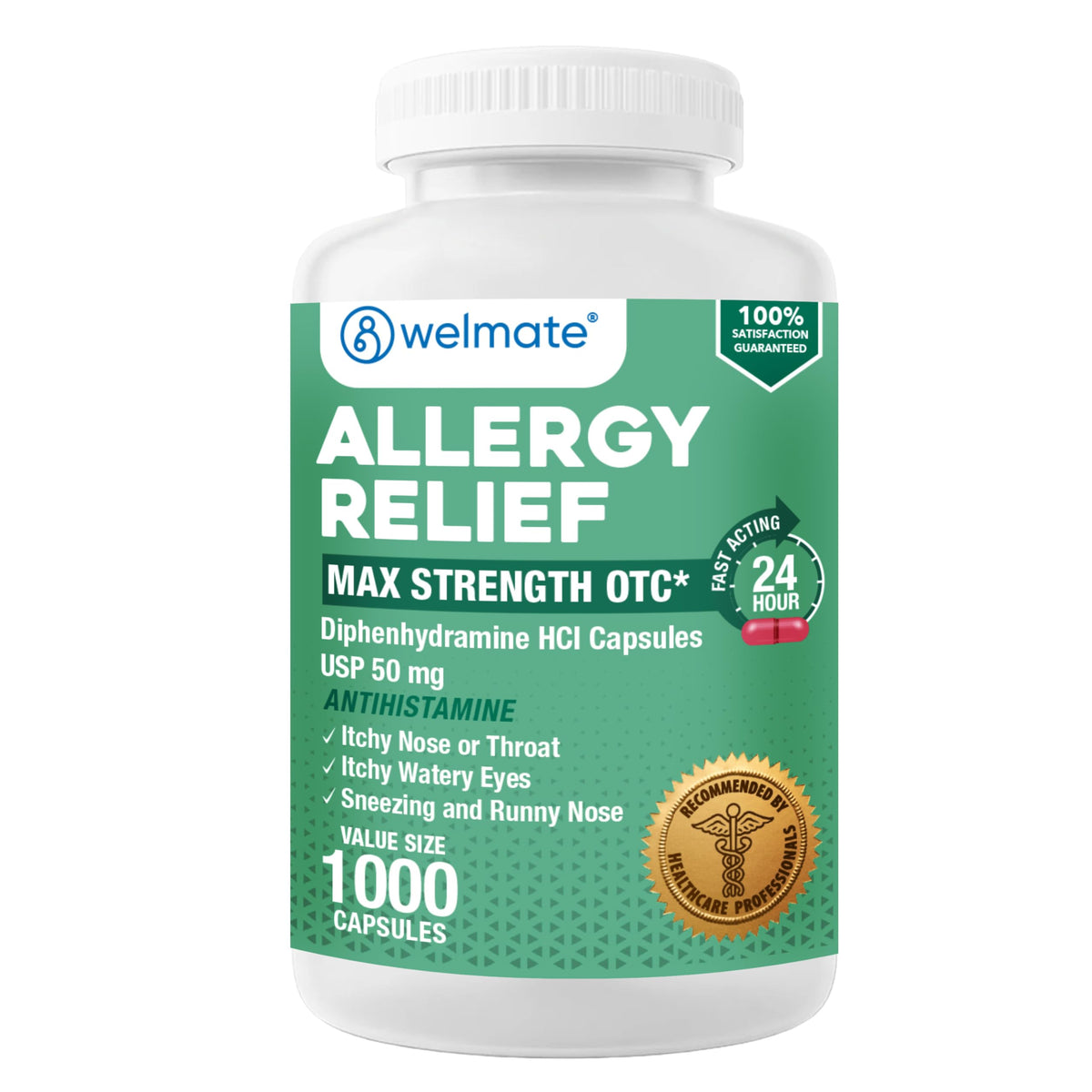 WELMATE Allergy Relief - Diphenhydramine 50 mg - 1000 Count Capsules - Antihistamine - Allergy & Cold Symptoms - Sneezing, Runny Nose, Itchy Eyes & Throat WELMATE buy supplements Au