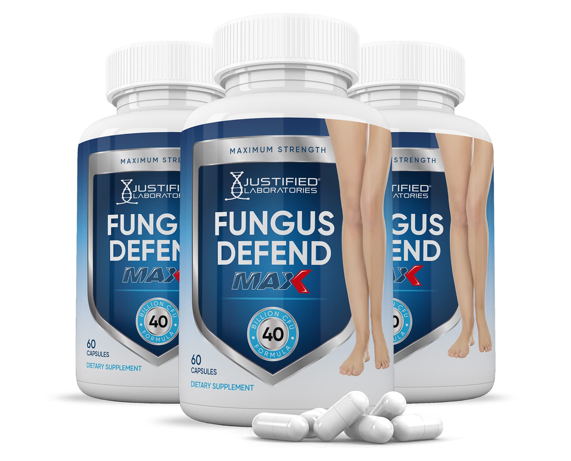 Three bottles of Fungus Defend Max supplement with capsules on a white background