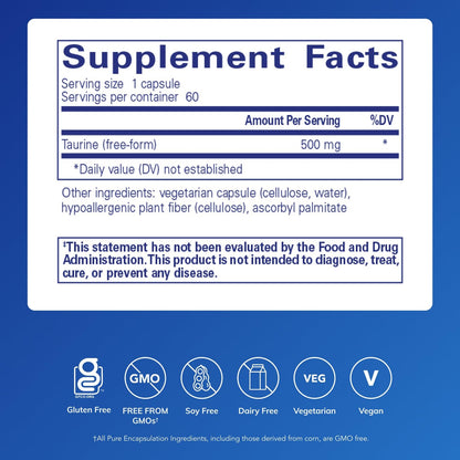 Pure Encapsulations Taurine 500 mg | Amino Acid Supplement for Liver, Eye Health, Antioxidants, Heart, Brain, and Muscles* | 60 Capsules Pure Encapsulations buy supplements Au