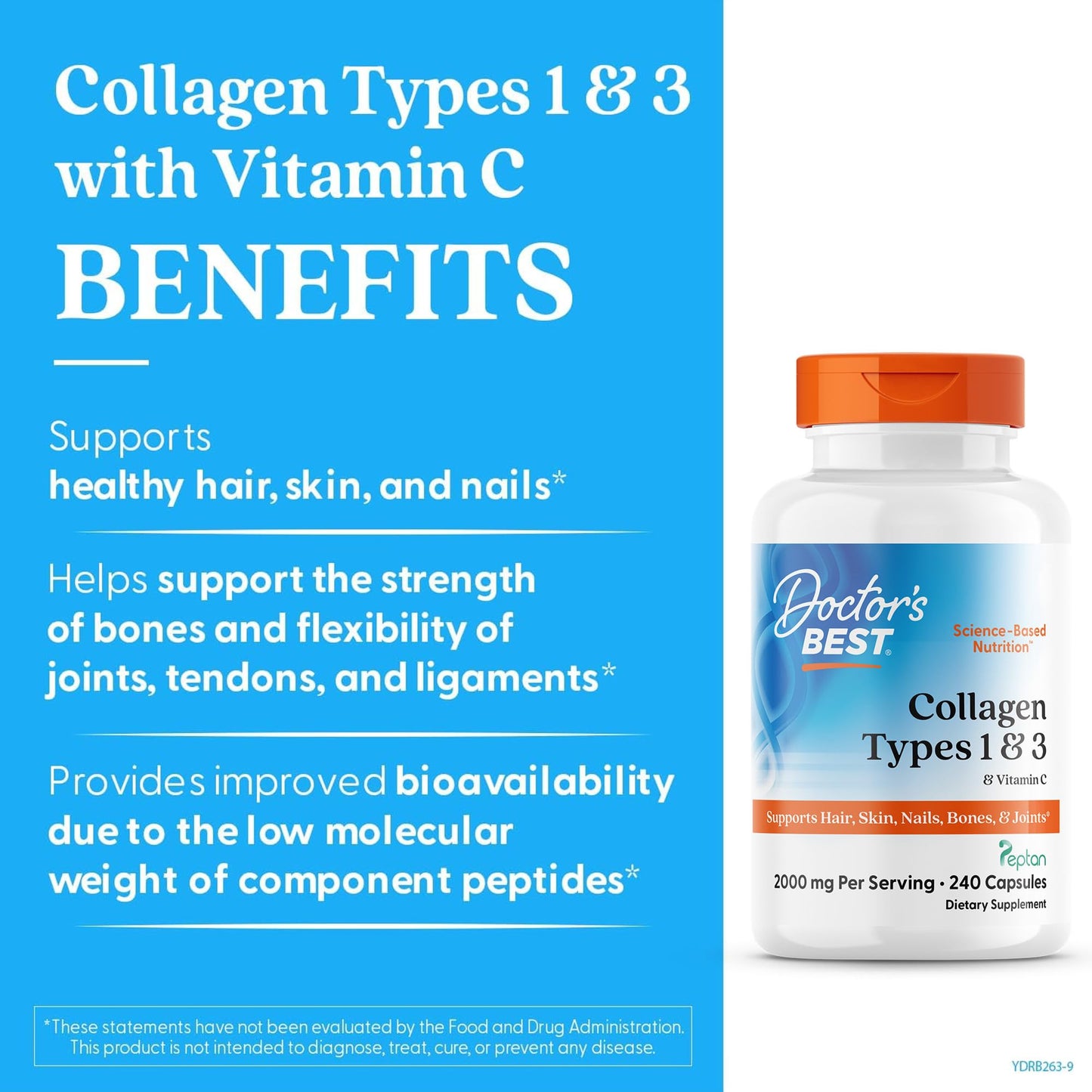 Doctor's Best Collagen Types 1 & 3 with Vitamin C, Non-GMO, Gluten Free, Soy Free, Supports Hair, Skin, Nails, Tendons & Bones, 500 mg, 240 Caps (DRB-00263) Doctor's BEST buy supplements Au