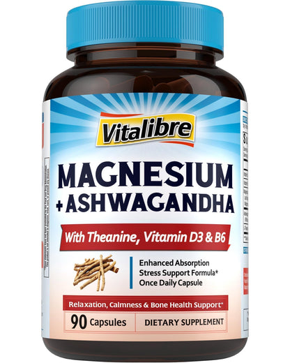 Vitalibre Magnesium + Ashwagandha supplement bottle on a white background