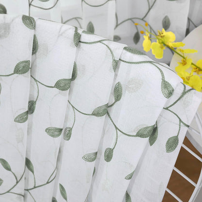 Tollpiz Leaves Short Sheer Curtains Sage Green Leaf Embroidery Bedroom Curtain Rod Pocket Voile Faux Linen Embroidered