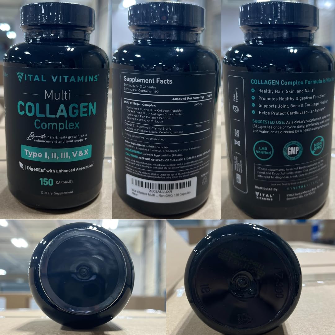 Vital Vitamins Multi Collagen for Women & Men - Type I, II, III, V, X - Grass Fed, Non-GMO - 150 Capsules