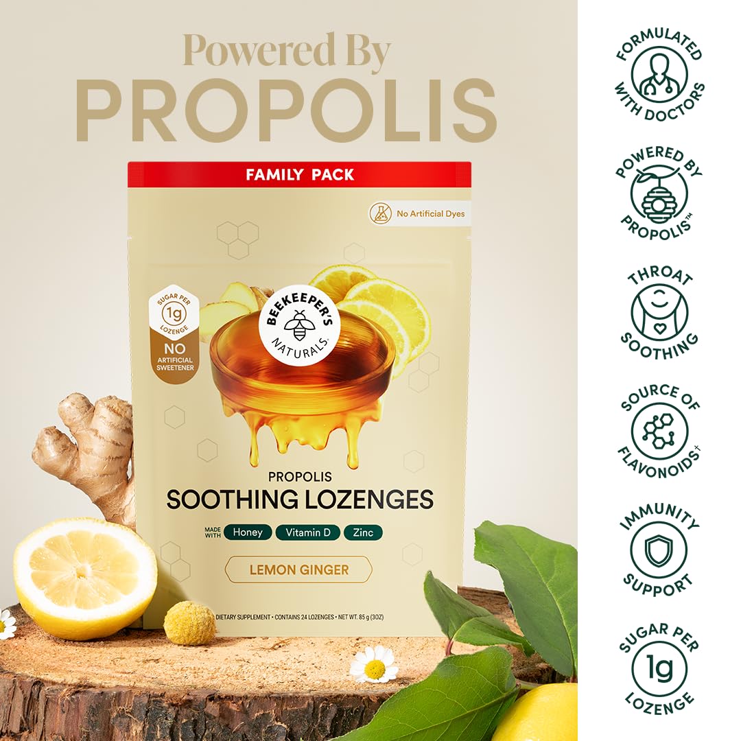 Beekeeper's Naturals Soothing Honey Ginger Lemon Cough Drops - Immune Support with Vitamin D, Zinc and Propolis Throat Soothing Lozenges, 24 Ct