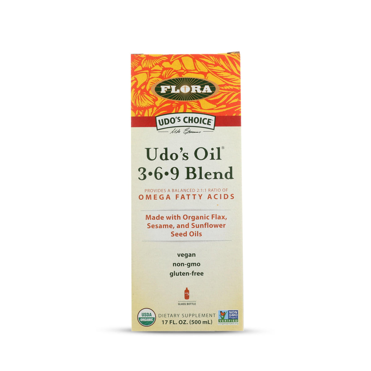 Flora - Udo's Choice Omega 369 Oil Blend, Made with Organic Flax, Sesame & Sunflower Seed Oils, Plant-Based Vegan Omega Fatty Acids, Based on Ideal 2:1:1 Ratio, 17-fl, oz. Glass Bottle FloraBuy Supplements Australia