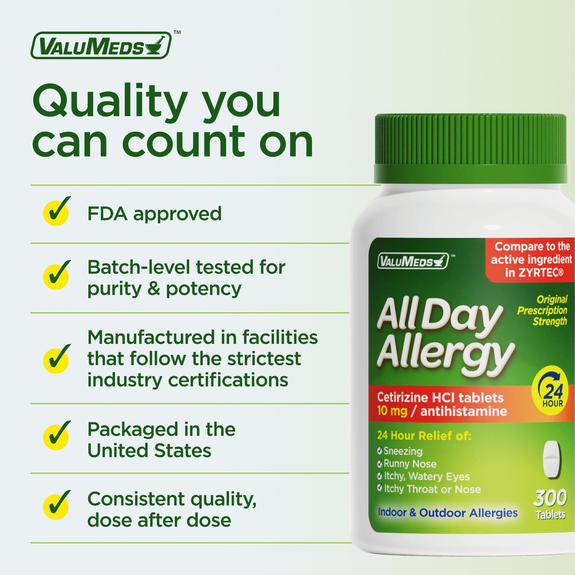 ValuMeds 24-Hour Allergy Medicine Antihistamine for Pollen, Hay Fever, Dry, Itchy Eyes, Allergies | Cetirizine HCl 10mg Caplets, Compare to Leading Brand (300 Count) ValuMeds buy supplements Au