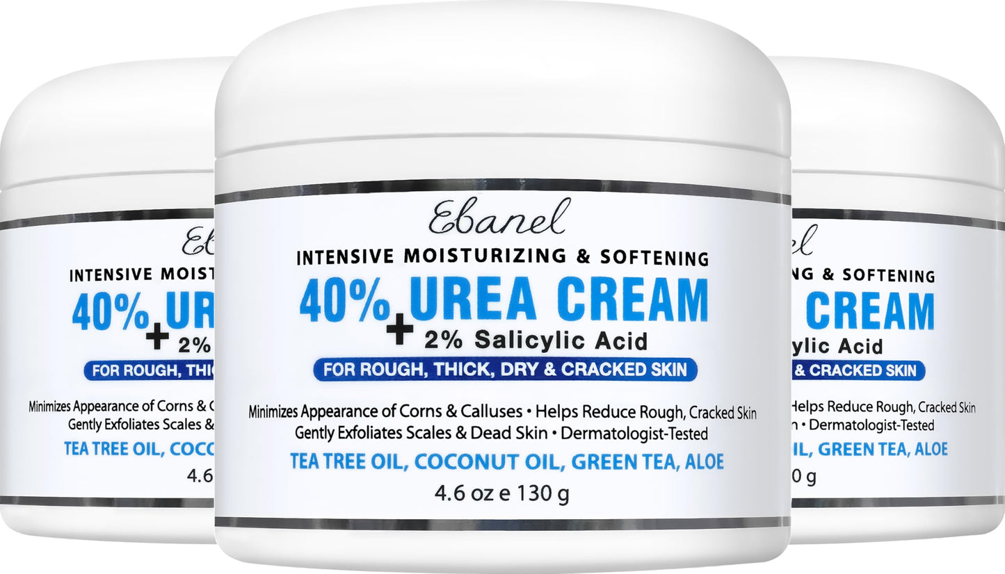 Ebanel Urea Cream 40% plus Salicylic Acid 2%, Foot Cream for Dry Cracked Heels Feet Knees Elbows Hands, Foot Dead Skin Cuticle Callus Remover Toenail Softener, Keratolytic Skin Barrier Repair, 3-Pack