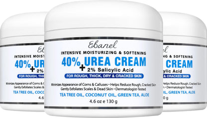 Ebanel Urea Cream 40% plus Salicylic Acid 2%, Foot Cream for Dry Cracked Heels Feet Knees Elbows Hands, Foot Dead Skin Cuticle Callus Remover Toenail Softener, Keratolytic Skin Barrier Repair, 3-Pack