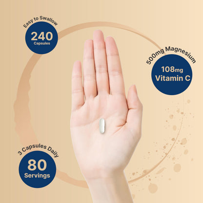 NatureBell Pure Magnesium Citrate 500mg per 3 Capsules Serving Size, 240 Capsules per Bottle | High-Purity Elemental Form | Non-GMO, Gluten-Free