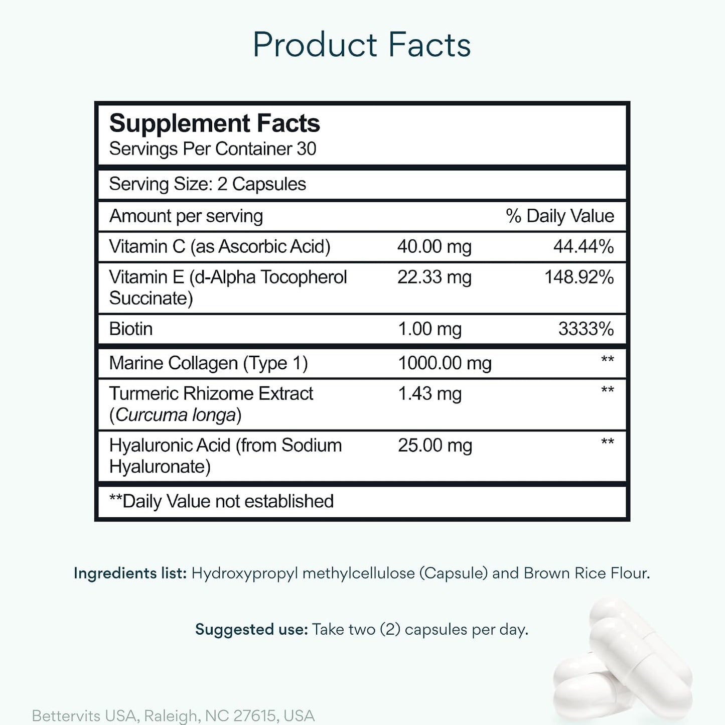 Bettervits Collagen Peptides Complex with Hyaluronic Acid & Turmeric | Hydrolyzed Marine Collagen Supplements for Women & Men | Collagen with Vitamin C for Skin, Hair, Nails & Joints – 60 Capsules