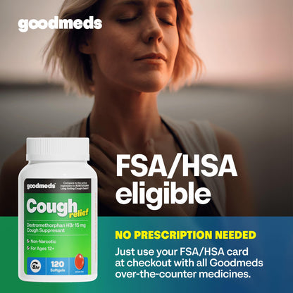GoodMeds Cough Relief for Adults Softgels Dextromethorphan HBr (DXM) 15mg 8Hour, Non-Drowsy, Long-Lasting Bronchial Suppressant for Dry Cough and Chest Congestion (120 Count)
