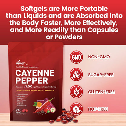 VivoNu Cayenne Pepper Softgels Supplement, Supports Leg Vein, Heart and Blood Vessel Health, with Vitamin E D3+K2 and Extracts of Grape Seed, Hawthorn