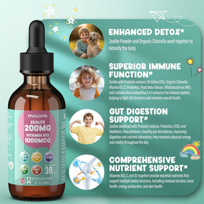 Zeolite Detox for Kids and Adults, 200mg Zeolite Liquid Drops with 1000mcg Vitamin B12, Organic Chlorella, 10 billion CFU & Prebiotics for Gut Support & Speech, Immune, Bone, Energy*, Strawberry, 60ML molorik pure buy supplements Au