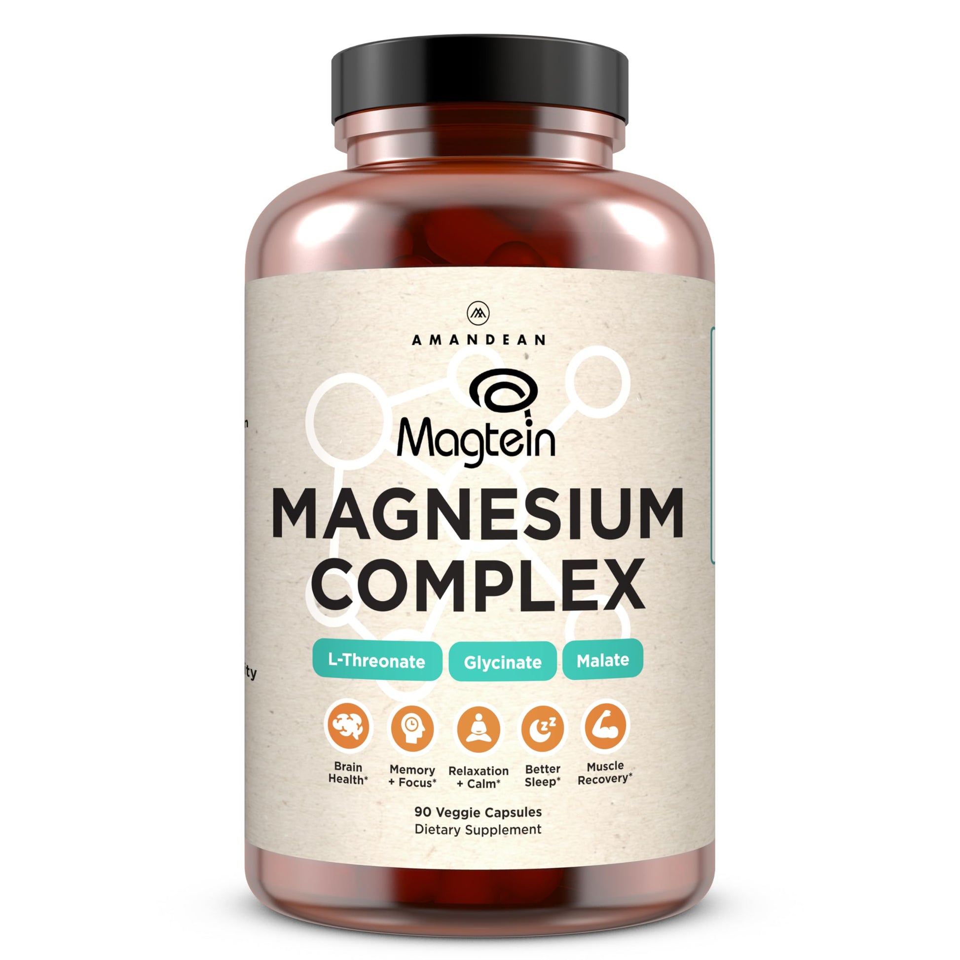 Bottle of Magtein Magnesium Complex supplement on a white background