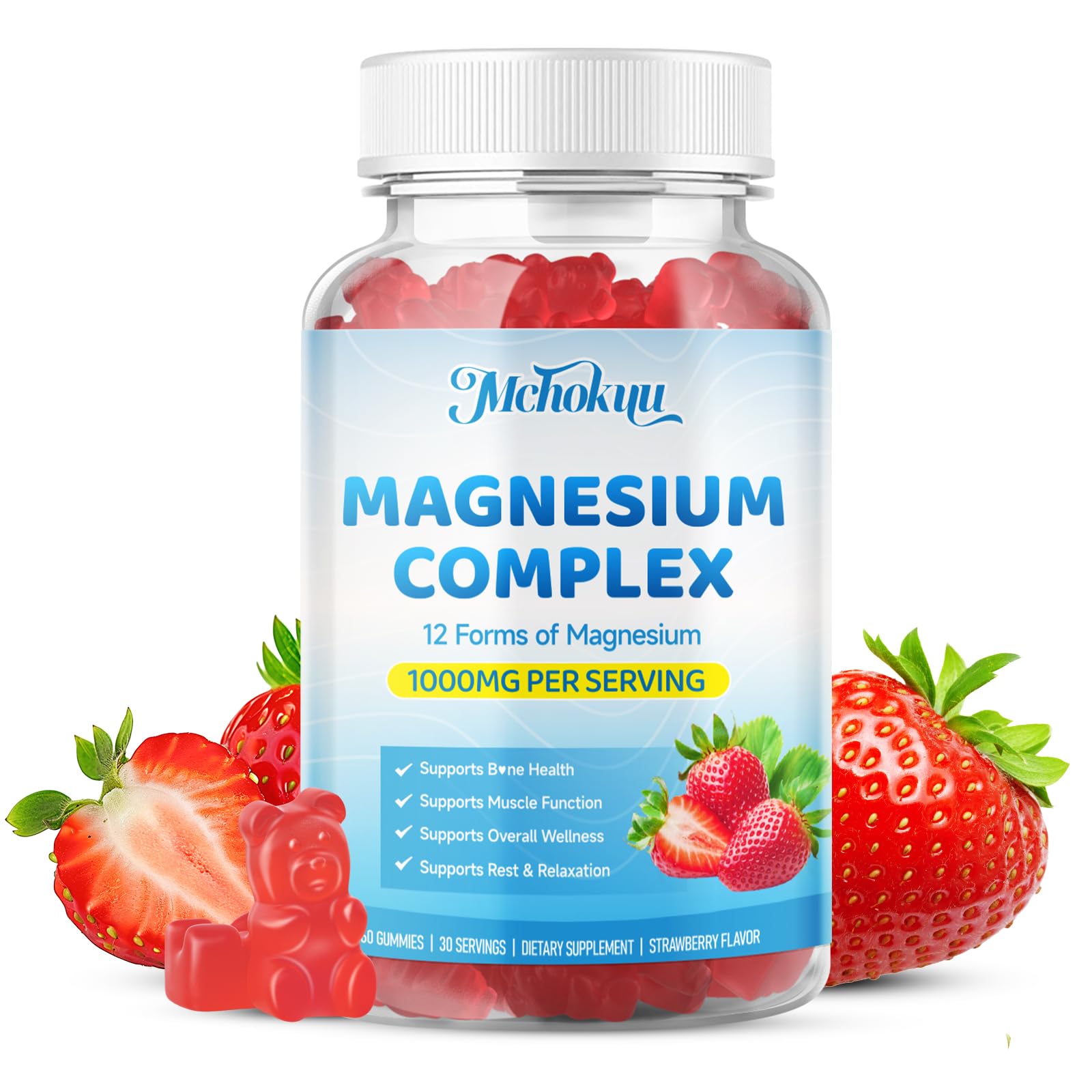 Bottle of magnesium complex gummy vitamins with strawberries on a white background