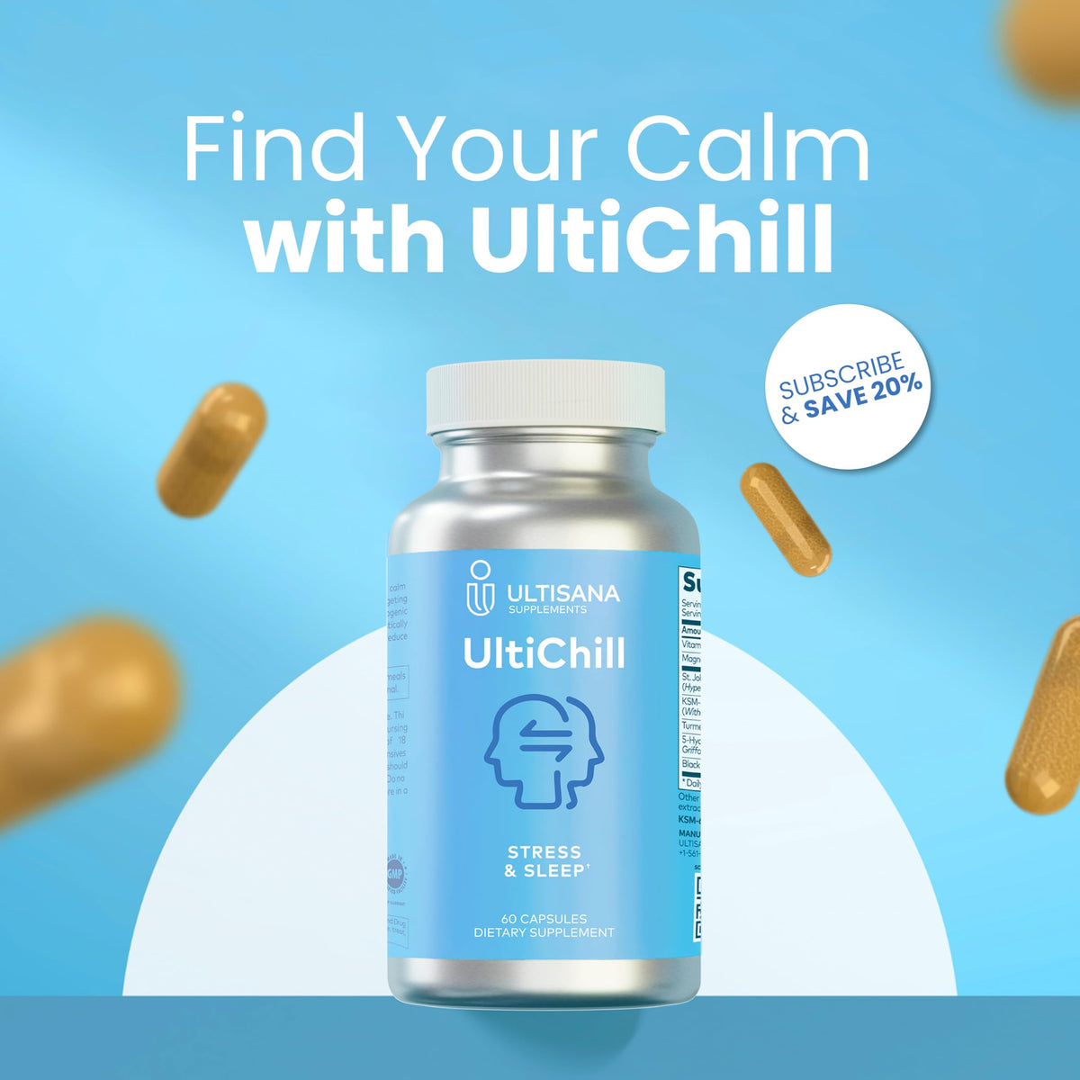 Ultisana UltiChill Stress Relief Supplement, Non-Drowsy | for Enhanced Mood, Immune Booster & Sleep Support | Magnesium Glycinate, Vitamin B6, KSM-66 Ashwagandha, Turmeric & 5-HTP | Non-GMO, 60 Count UltisanaBuy Supplements Australia