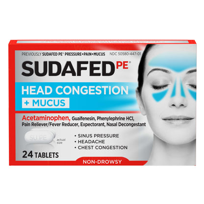 Sudafed PE Head Congestion + Mucus Relief Tablets for Sinus Pressure, Congestion, & Headache, Non-Drowsy Decongestant with Acetaminophen, Guaifenesin & Phenylephrine HCI, 24 ct Sudafed buy supplements Au