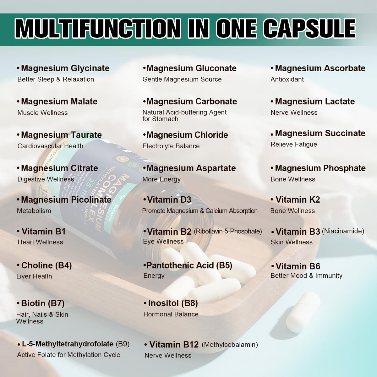25-in-1 Magnesium Complex with Methylated B Complex Magnesium Glycinate Citrate Malate Taurate Gluconate Aspartate Carbonate D3 K2, Magnesium Supplement for Relaxation Energy & Nerve, 120 Vegan Caps