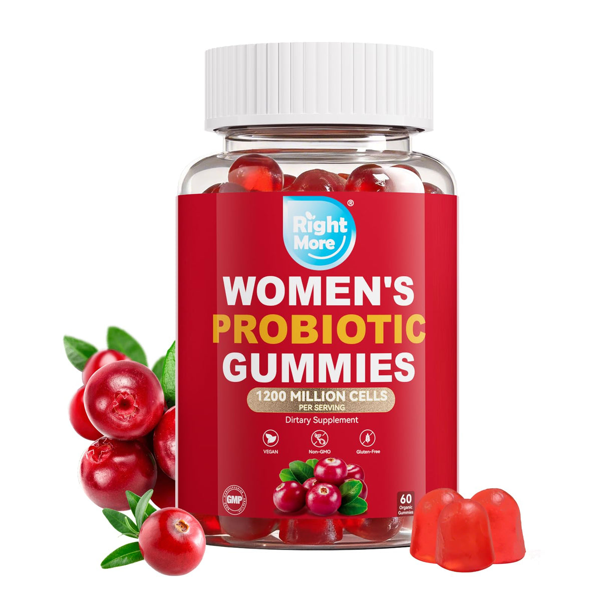 Right More Probiotic for Women Gummies,Feminine Balance Gummies, -1200 Billion Compound, Digestive & Immune Support, Supports Vaginal Health Prebiotics, Natural Cranberry Flavor, Vegan, 60 Gummies Right More buy supplements Au