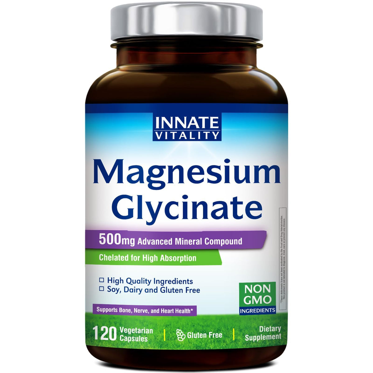 Innate Vitality Magnesium Glycinate 500mg | 70mg Elemental Magnesium Supplement - High Absorption, Non Buffered, Non-GMO & No Gluten - Vegan - Nerve Health - 120 Capsules (Pack of 1) Innate VitalityBuy Supplements Australia