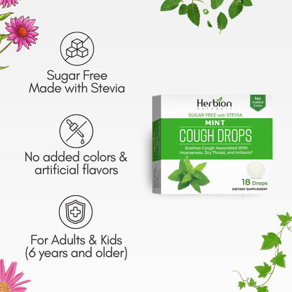 HERBION Naturals Cough Drops, Sugar Free with Stevia, Dietary Supplement, Soothes Cough, for Adults & Children Over 6 Years, 18 Count, Mint, Pack of 1