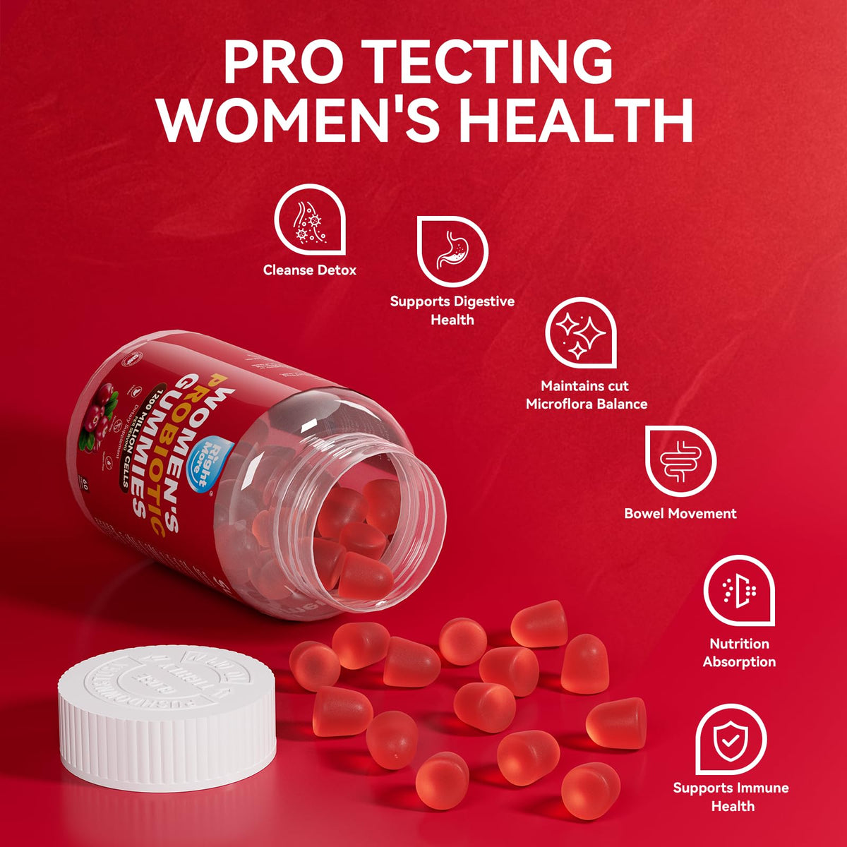 Right More Probiotic for Women Gummies,Feminine Balance Gummies, -1200 Billion Compound, Digestive & Immune Support, Supports Vaginal Health Prebiotics, Natural Cranberry Flavor, Vegan, 60 Gummies Right More buy supplements Au