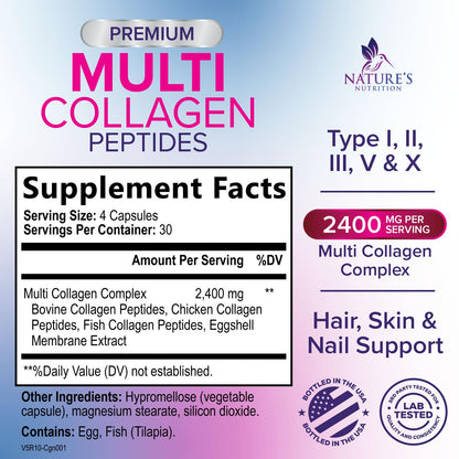 Multi Collagen Pills - Multi Collagen Complex 2400 mg Per Serving - Types I, II, III, V, X - Hydrolyzed Collagen Peptides Supplement - Hair, Skin & Nail Support - Bottled in the USA - 120 Capsules Nature's Nutrition buy supplements Au