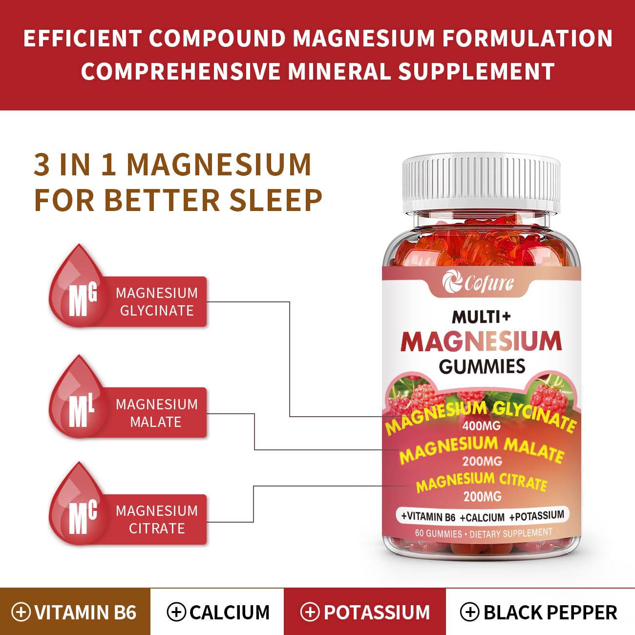Cofure Triple Magnesium Complex 900 mg, Magnesium Glycinate, Citrate, Malate with Potassium, Calcium, Vitamin B6 for Calm & Sleep - Vegan, Non-GMO, Gluten Free - 120 Raspberry Gummies for Adults Cofure buy supplements Au
