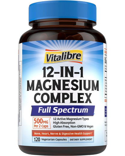Vitalibre 12-IN-1 Magnesium Complex supplement bottle on a white background