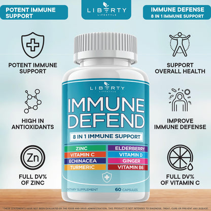 8 in 1 Immune Defense Support, Immunity Vitamins Supplement Booster Zinc 50mg, Vitamin C Elderberry VIT D3 5000 IU, Turmeric Curcumin & Ginger, Echinacea - Allergy Relief for Kids Adults (2 Pack) - PrimeBioHealth - canada supplements