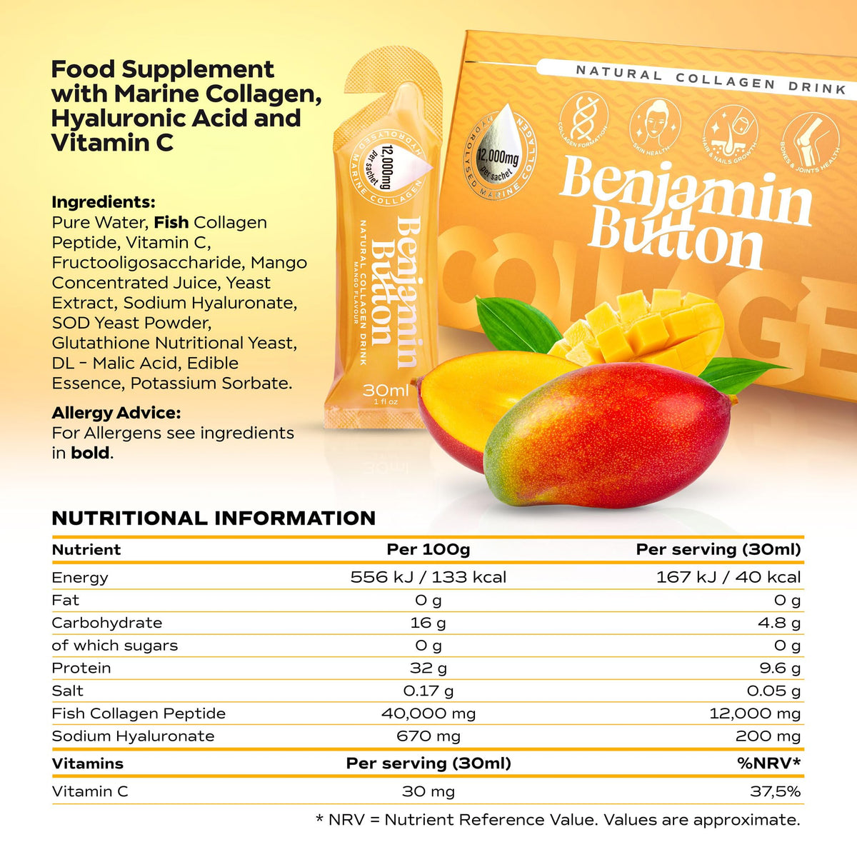 Benjamin Button 12,000mg Marine Collagen Liquid Shots| High Strength Hydrolyzed Marine Collagen Peptides w/Hyaluronic Acid & Vitamin C for Skin, Hair & Joints | Mango, 14 Daily Servings 30ml Benjamin Button buy supplements Au