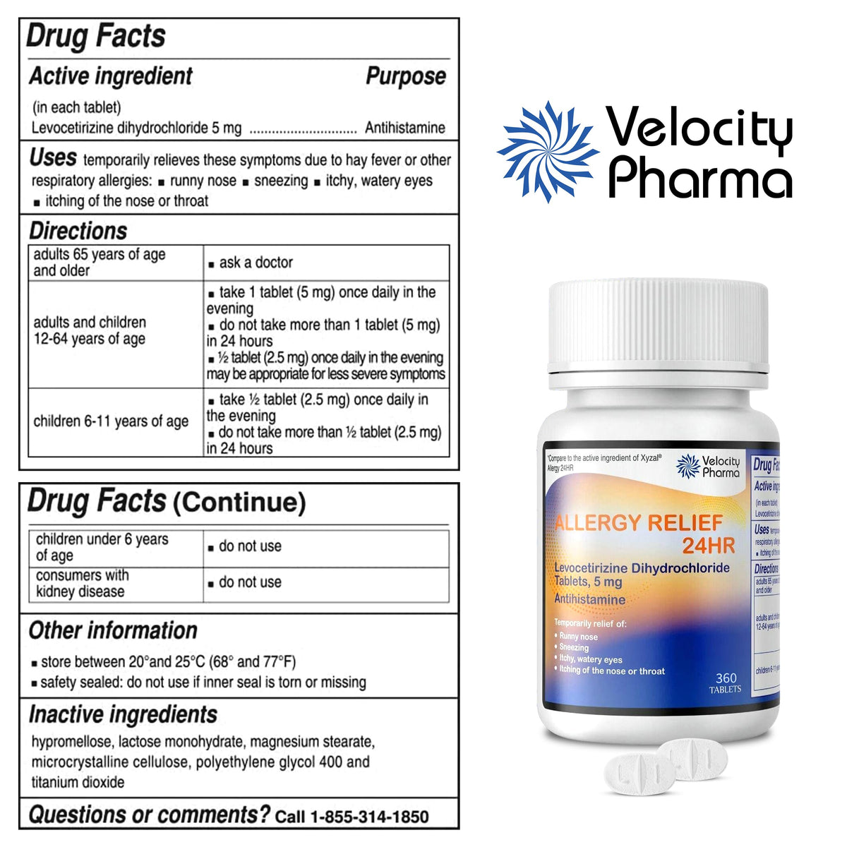 Velocity Pharma Levocetirizine Dihydrochloride 5mg USP Tablets, 24 Hour Allergy Relief Non-Drowsy Antihistamine, 360 Count Velocity Pharma buy supplements Au
