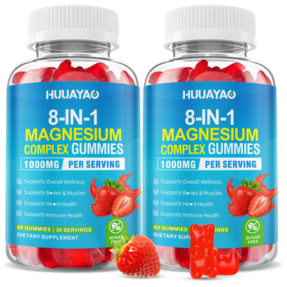 Two bottles of HUJAYAO 8-IN-1 Magnesium Complex Gummies with strawberry illustration on a white background.