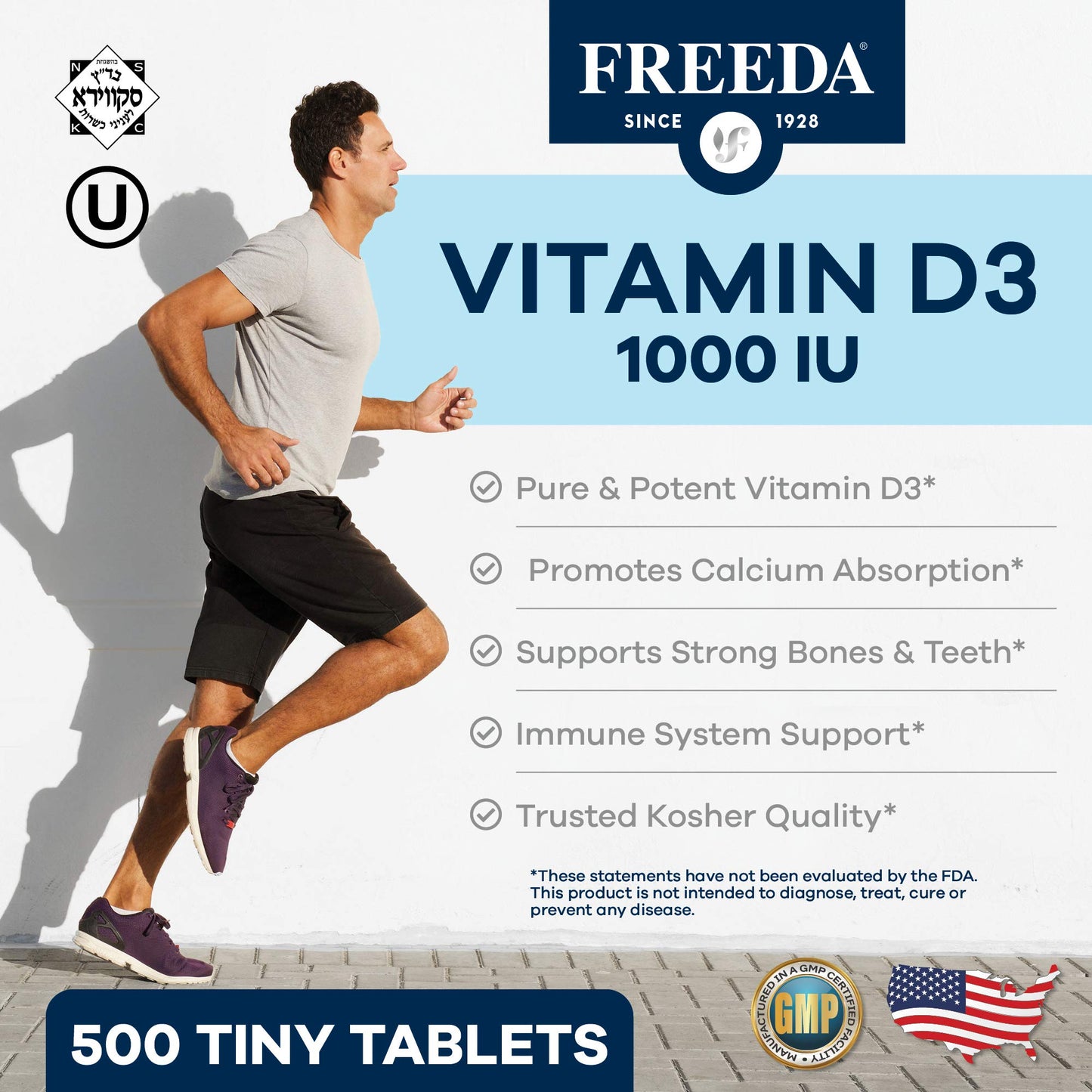 FREEDA Vitamin D3-1000 IU - Pure High Potency Kosher Supplement Tablets - Bone and Muscle Health, Calcium Absorption, Immune Support for Men and Women* - 100 Count | Supports Bone, Muscle & Immune Health – Helps Calcium Absorption – Easy-to-Swallow Tiny T