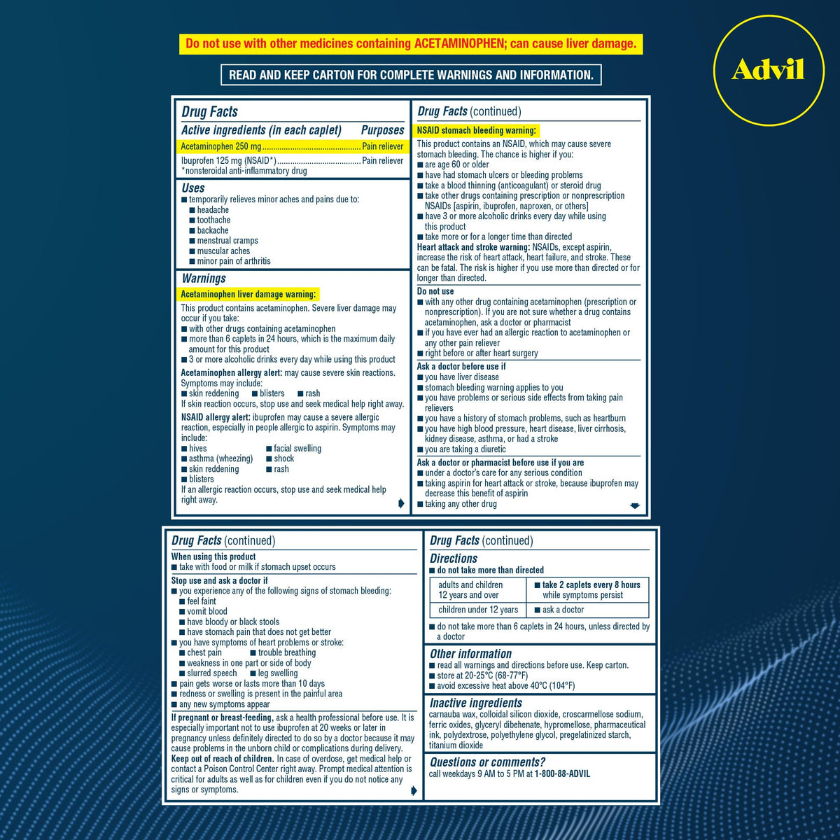 Advil Dual Action Coated Caplets, 125 Mg Ibuprofen and 250 Mg Acetaminophen per Dose (2 Dose Equivalent) for 8 Hour Pain Relief - 216 Count Advil buy supplements Au