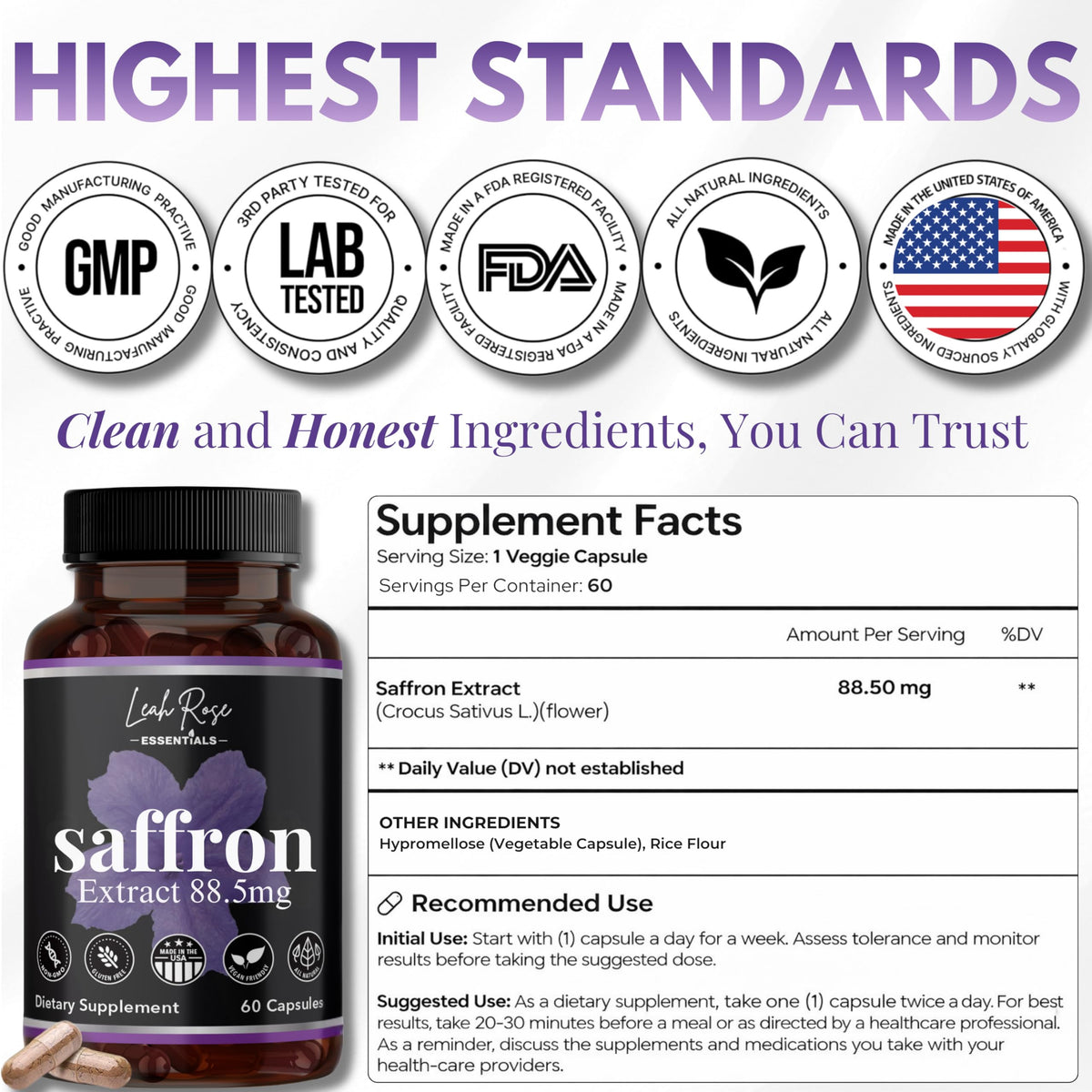 Leah Rose Essentials Saffron Supplement 88.5mg | Mood, Focus, and Stress Support | 60 Premium Saffron Extract Capsules | Made in the USA | 3rd Party Lab Tested | Non-GMO, Vegan, Gluten-Free