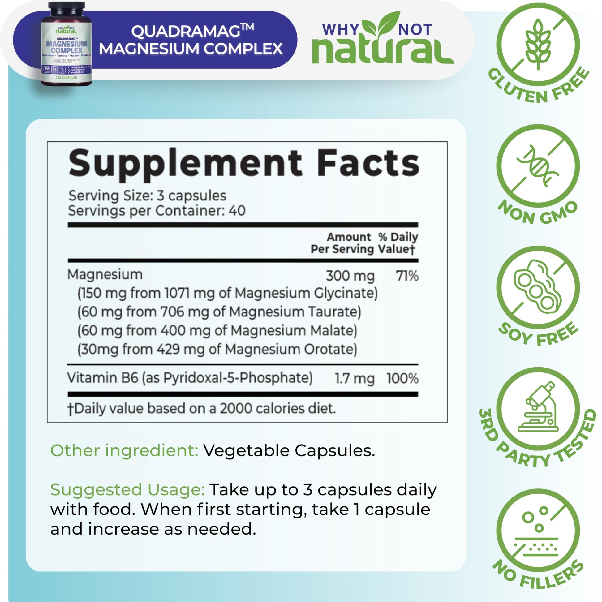 4-in-1 Magnesium Complex Supplement - Glycinate, Taurate, Malate, Orotate Blend - 300 mg per Serving, 120 Capsules Why Not Natural buy supplements Au