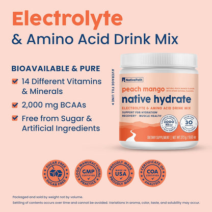 NativePath Hydrate Electrolyte Powder, Peach Mango, 30 Servings | 14 Vitamins & Minerals, 9 Aminos & 2000mg BCAAs, Zero Sugar, Supports Hydration & Recovery, Stevia, Keto