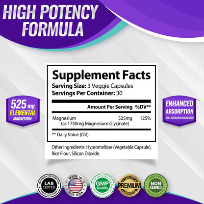 Magnesium Glycinate 525mg - High Absorption Chelated Magnesium Supplement Made with Pure Magnesium Glycinate - Supports Muscles, Sleep, Cramps, Recovery Bisglycinate